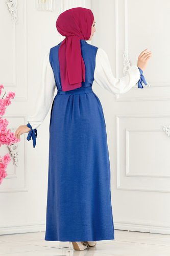 moda selvim Abaya 7181NZR779 Indigo&Ecru - Thumbnail