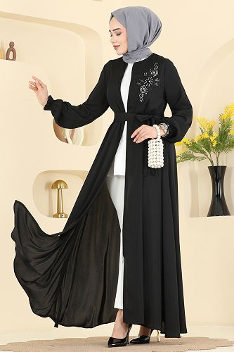 moda selvim Abaya 8237AB368 Black - Thumbnail