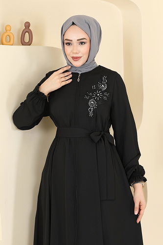 moda selvim Abaya 8237AB368 Black - Thumbnail