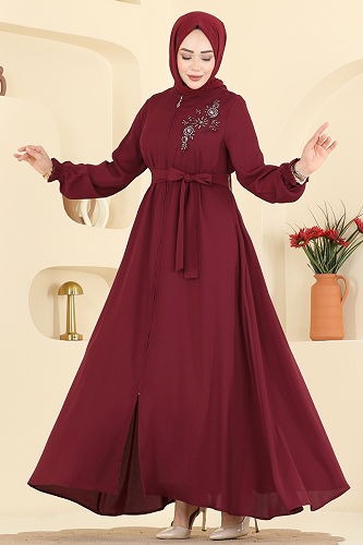moda selvim Abaya 8237AB368 Burgundy - Thumbnail