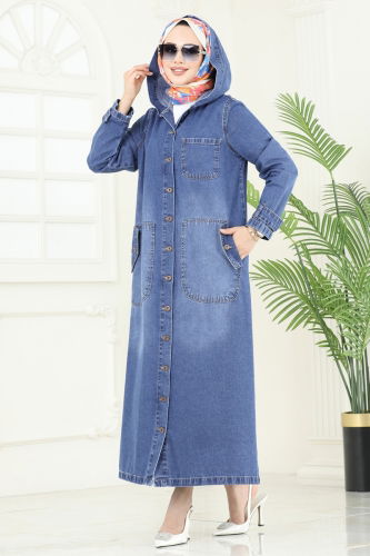 moda selvim Abaya 9006YLD1073 Washed Jeans - Thumbnail