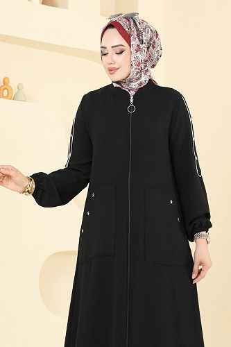 moda selvim عباءة أسود 9158PLK541 - Thumbnail