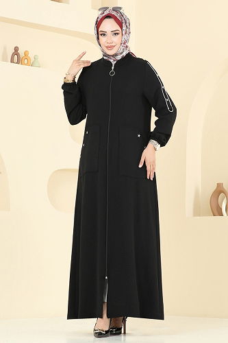 moda selvim عباءة أسود 9158PLK541 - Thumbnail