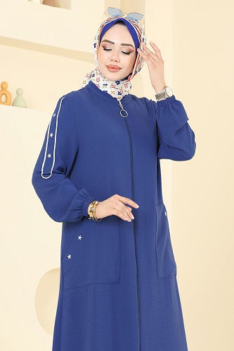 moda selvim عباءة ازرق 9158PLK541 - Thumbnail