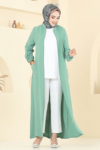 moda selvim عباءة أخضر باهت 9158PLK541 - Thumbnail