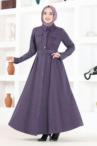 moda selvim Abaya NYA2401-M Dark Lilac - Thumbnail