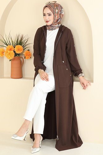 moda selvim عباءة بني PL8065 - Thumbnail