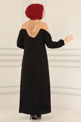 moda selvim Abaya PL8084 Latte&Black - Thumbnail