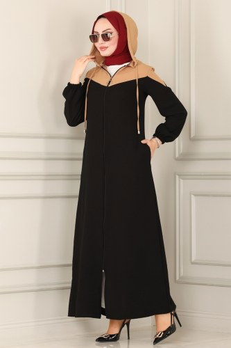 moda selvim Abaya PL8084 Latte&Black - Thumbnail