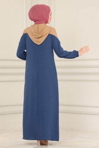 moda selvim Abaya PL8084 Latte&İndigo - Thumbnail