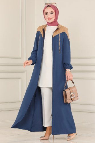 moda selvim Abaya PL8084 Latte&İndigo - Thumbnail