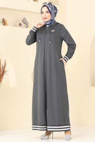 moda selvim عباءة رمادي غامق PL9126 - Thumbnail