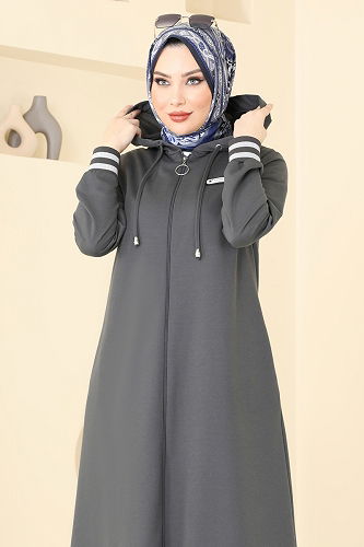 moda selvim عباءة رمادي غامق PL9126 - Thumbnail