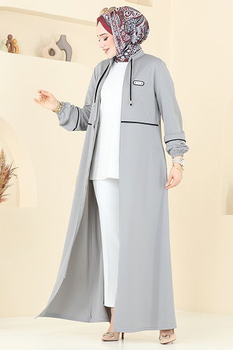 moda selvim عباءة رمادي PL9129 - Thumbnail