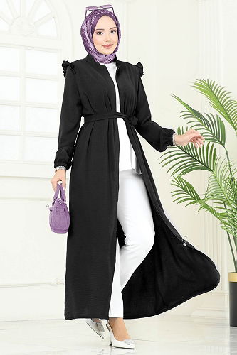 moda selvim عباءة أسود PL9151 - Thumbnail