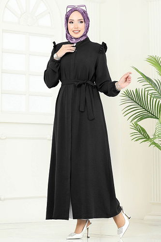 moda selvim عباءة أسود PL9151 - Thumbnail