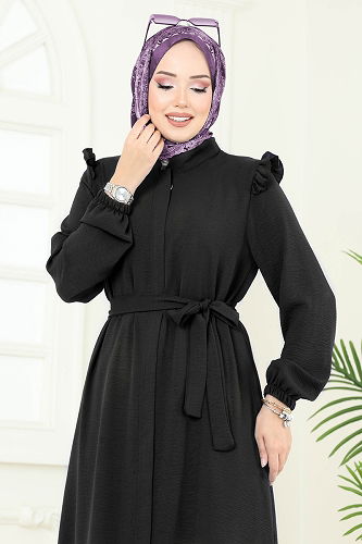 moda selvim عباءة أسود PL9151 - Thumbnail