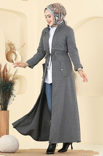 moda selvim عباءة رمادي غامق PL9167 - Thumbnail
