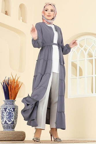 moda selvim عباءة رمادي PL9174 - Thumbnail