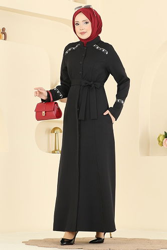 moda selvim عباءة أسود PL9196 - Thumbnail