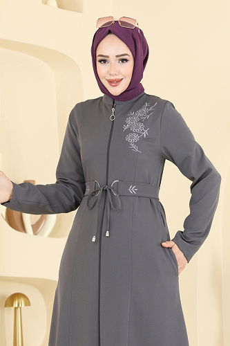 moda selvim عباءة رمادي غامق PL9197 - Thumbnail