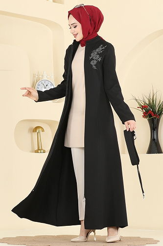moda selvim عباءة أسود PL9197 - Thumbnail