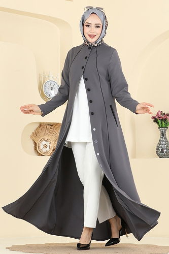 moda selvim عباءة رمادي غامق PL9201 - Thumbnail