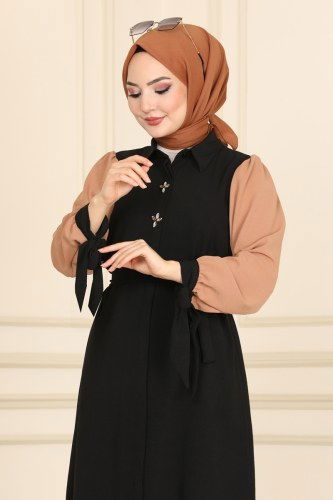 moda selvim 701ASM762 اسود و لحمي عباءة & فستان - Thumbnail