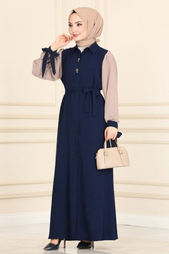 moda selvim Abaya&Dress 701ASM762 Navy Blue & Mink Colored - Thumbnail