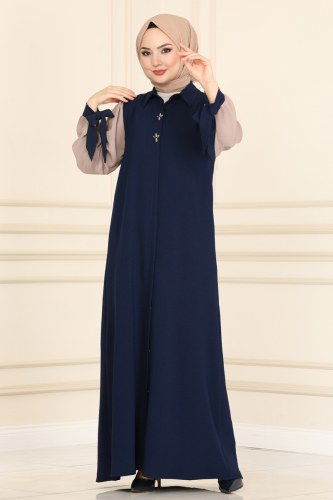 moda selvim Abaya&Dress 701ASM762 Navy Blue & Mink Colored - Thumbnail