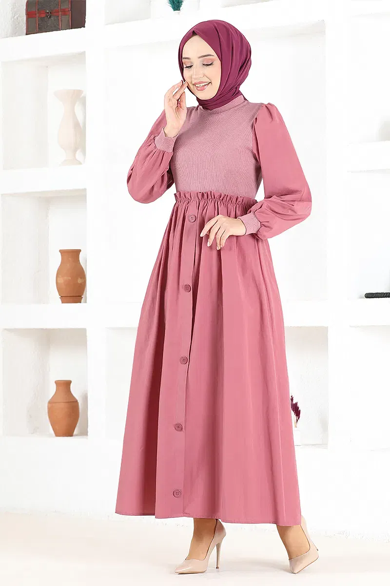 moda selvim Accessories Buttoned Dress MSL3000-M Dark Rose Dried - Thumbnail