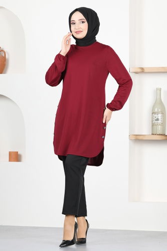 moda selvim Accessories Buttoned Mira Tunic MSL1177 Burgundy - Thumbnail