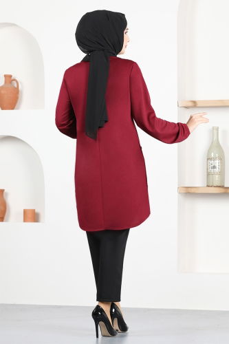 moda selvim Accessories Buttoned Mira Tunic MSL1177 Burgundy - Thumbnail