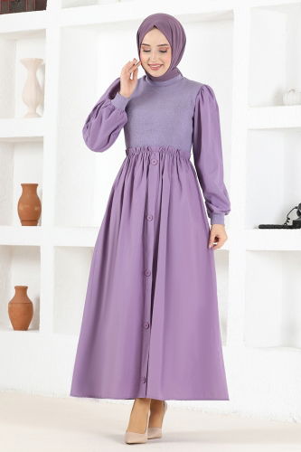 moda selvim Accessories Buttoned Terikoton Dress MSL3000 Lilac - Thumbnail