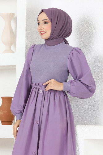 moda selvim Accessories Buttoned Terikoton Dress MSL3000 Lilac - Thumbnail