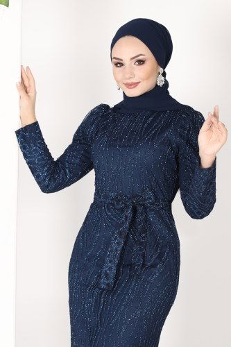 moda selvim Kuşaklı Simli Tül Abiye 6453YG95 Laci - Thumbnail