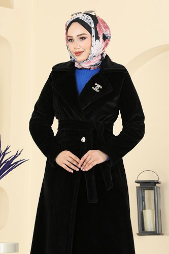 moda selvim Aksesuar Broşlu Angora Kaban 6665YG95 Siyah - Thumbnail