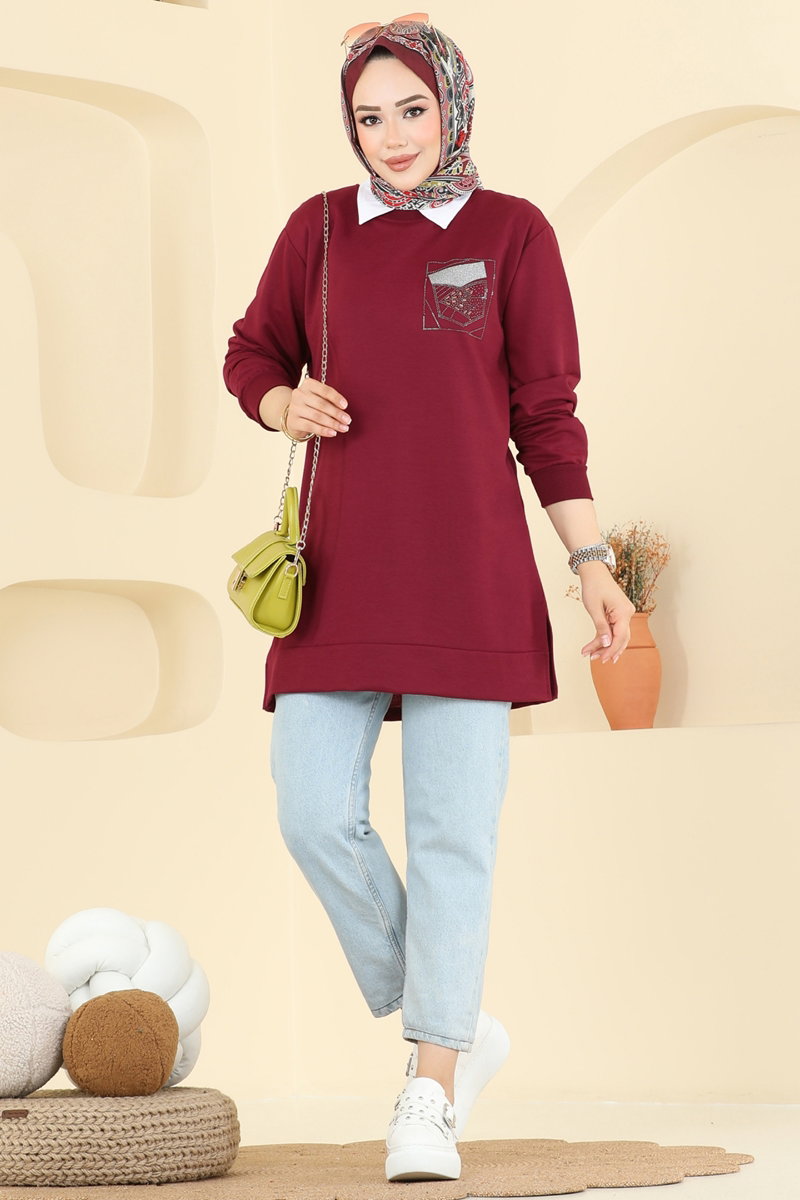 Aksesuar Cep İşlemeli Tunik 104OZN1046 Bordo