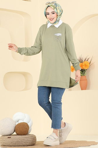 moda selvim Aksesuar Cep İşlemeli Tunik 104OZN1046 Haki - Thumbnail