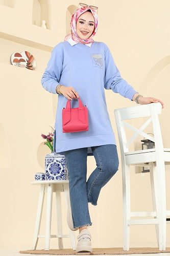 moda selvim Aksesuar Cep İşlemeli Tunik 104OZN1046 Mavi - Thumbnail