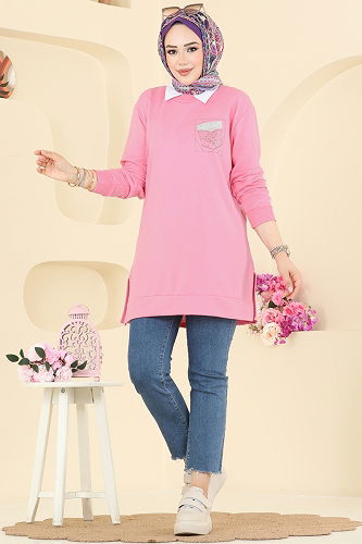 moda selvim Aksesuar Cep İşlemeli Tunik 104OZN1046 Pembe - Thumbnail