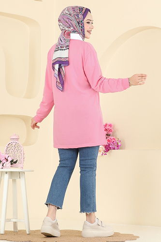 moda selvim Aksesuar Cep İşlemeli Tunik 104OZN1046 Pembe - Thumbnail