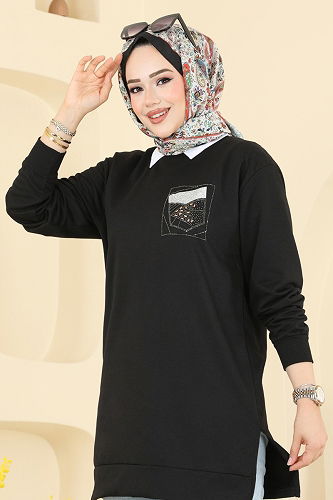 moda selvim Aksesuar Cep İşlemeli Tunik 104OZN1046 Siyah - Thumbnail