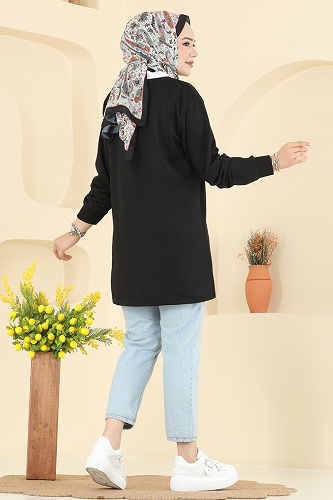 moda selvim Aksesuar Cep İşlemeli Tunik 104OZN1046 Siyah - Thumbnail
