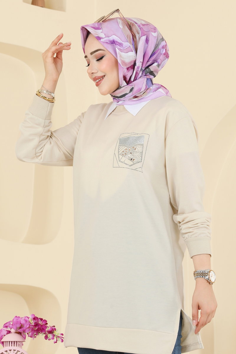 Aksesuar Cep İşlemeli Tunik 104OZN1046 Taş