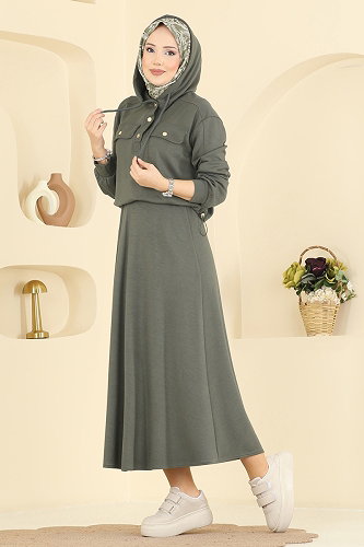 moda selvim Aksesuar Cepli Etekli Takım 3248HBS856 Açık Haki - Thumbnail