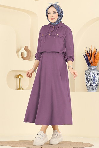 moda selvim Aksesuar Cepli Etekli Takım 3248HBS856 Koyu Lila - Thumbnail