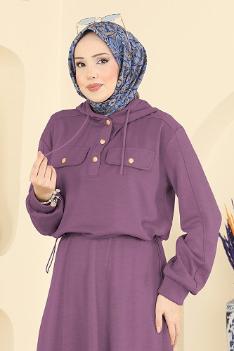 moda selvim Aksesuar Cepli Etekli Takım 3248HBS856 Koyu Lila - Thumbnail