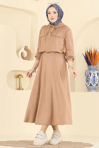 moda selvim Aksesuar Cepli Etekli Takım 3248HBS856 Latte - Thumbnail