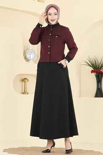 moda selvim Aksesuar Cepli Etekli Takım PL9182 Bordo&Siyah - Thumbnail